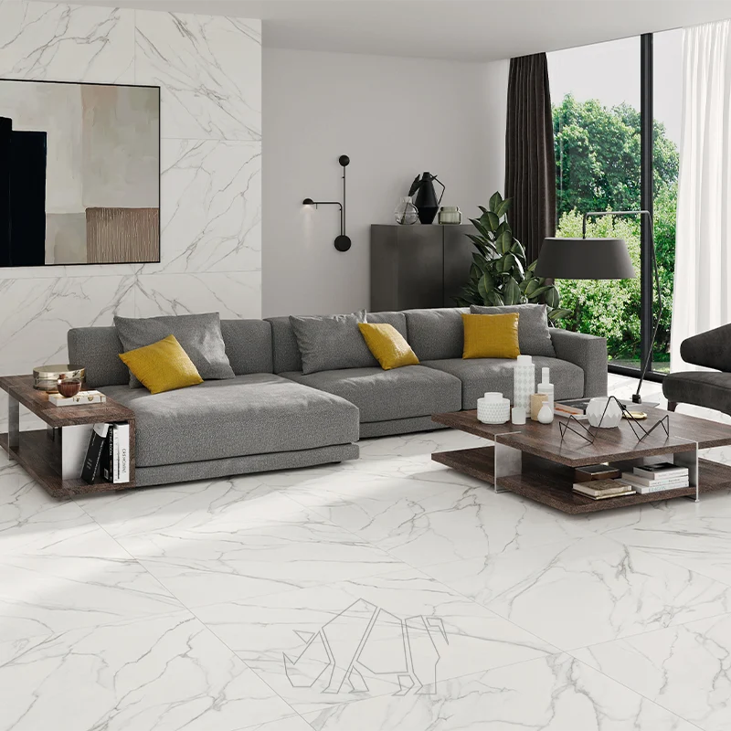 salon con azulejo 100x100 en pared y suelo con decorcion minimalista y moderna