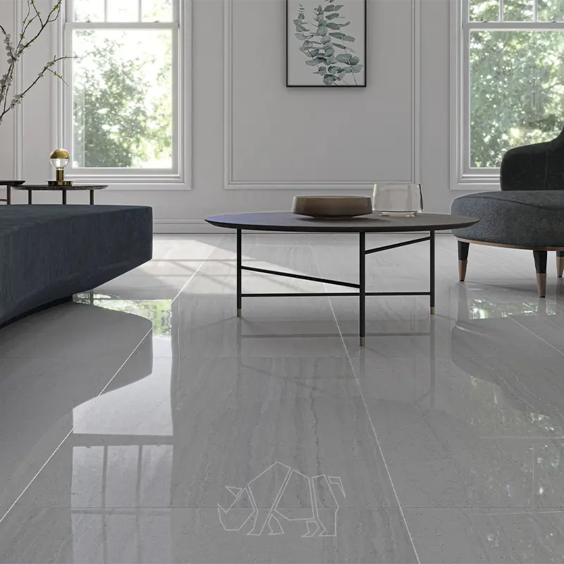 suelo en salon elegante de azulejo gran formato gris 