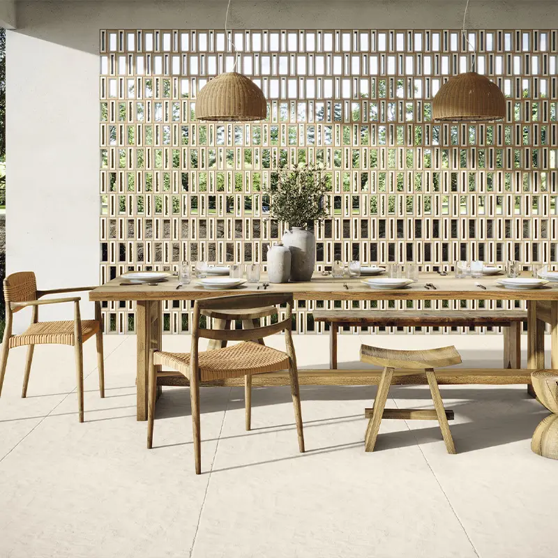 salon con azulejo 100x100 en pared y suelo con decorcion minimalista y moderna