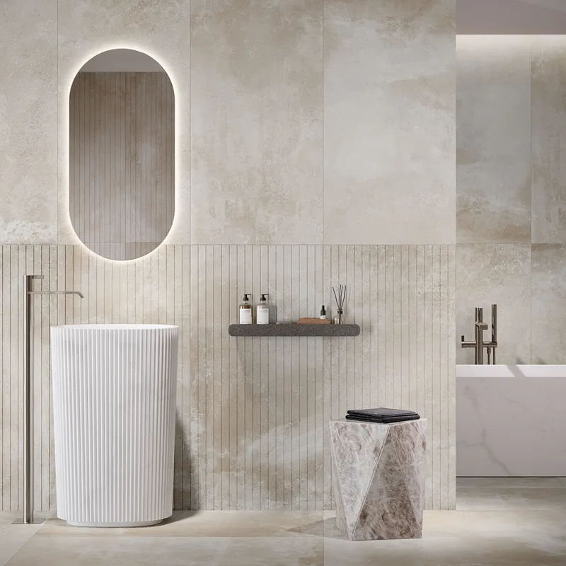 azulejos grandes colocado en todo el baño con diseño moderno y elegante