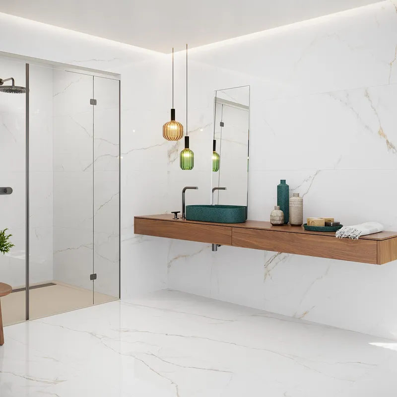 azulejo gran formato imitando otras texturas en el baño